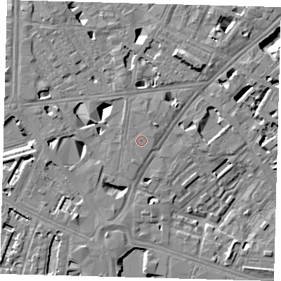 Shaded relief map of the ground around SE16DP, computed from Environment Agency LiDAR. The ground here sits at about 3 m above sea level and falls 11 m across the surrounding 800 m. Surface water reaching this point runs off ground lying to the north-north-east, 1.1 m higher.