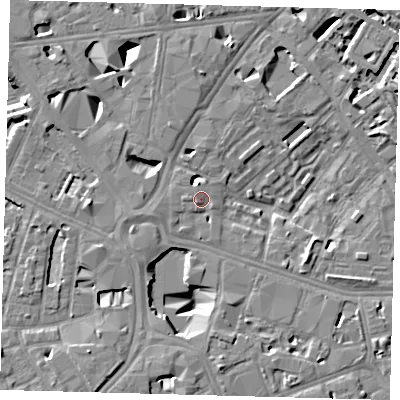 Shaded relief map of the ground around SE16DQ, computed from Environment Agency LiDAR. The ground here sits at about 3 m above sea level and falls 9 m across the surrounding 800 m. Surface water reaching this point runs off ground lying to the south-west, 2.2 m higher.