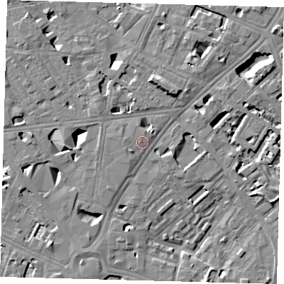 Shaded relief map of the ground around SE16DR, computed from Environment Agency LiDAR. The ground here sits at about 4 m above sea level and falls 11 m across the surrounding 800 m. Surface water reaching this point runs off ground lying to the west, 0.8 m higher.