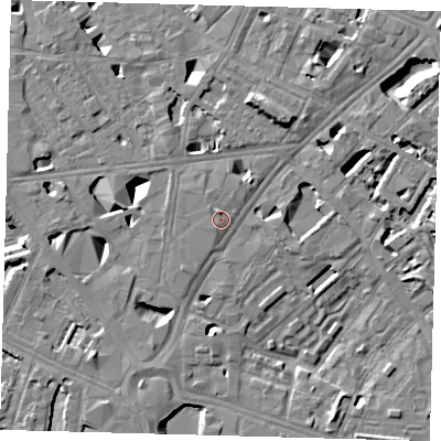 Shaded relief map of the ground around SE16DS, computed from Environment Agency LiDAR. The ground here sits at about 4 m above sea level and falls 11 m across the surrounding 800 m. Surface water reaching this point runs off ground lying to the north-north-west, 1.6 m higher.