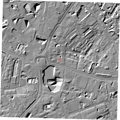 Shaded relief map of the ground around SE16DT, computed from Environment Agency LiDAR. The ground here sits at about 3 m above sea level and falls 10 m across the surrounding 800 m. Surface water reaching this point runs off ground lying to the west-north-west, 1.1 m higher.