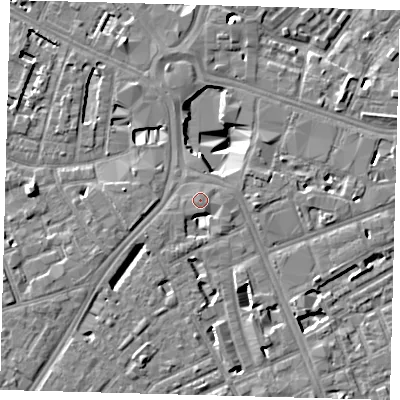 Shaded relief map of the ground around SE16EB, computed from Environment Agency LiDAR. The ground here sits at about 4 m above sea level and falls 10 m across the surrounding 800 m. Surface water reaching this point runs off ground lying to the east, 0.5 m higher.
