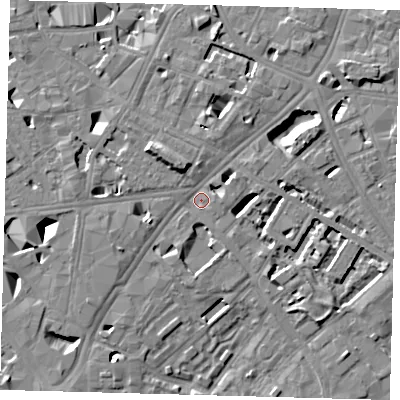 Shaded relief map of the ground around SE16ED, computed from Environment Agency LiDAR. The ground here sits at about 4 m above sea level and falls 11 m across the surrounding 800 m. Surface water reaching this point runs off ground lying to the north-north-west, 7.4 m higher.