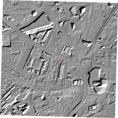Shaded relief map of the ground around SE16EP, computed from Environment Agency LiDAR. The ground here sits at about 4 m above sea level and falls 10 m across the surrounding 800 m. Surface water reaching this point runs off ground lying to the north-west, 1.4 m higher.