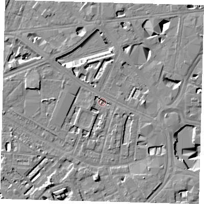 Shaded relief map of the ground around SE16ER, computed from Environment Agency LiDAR. The ground here sits at about 3 m above sea level and falls 10 m across the surrounding 800 m. Surface water reaching this point runs off ground lying to the north-west, 1.1 m higher.
