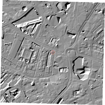Shaded relief map of the ground around SE16ES, computed from Environment Agency LiDAR. The ground here sits at about 3 m above sea level and falls 10 m across the surrounding 800 m. Surface water reaching this point runs off ground lying to the north-north-east, 5.7 m higher.