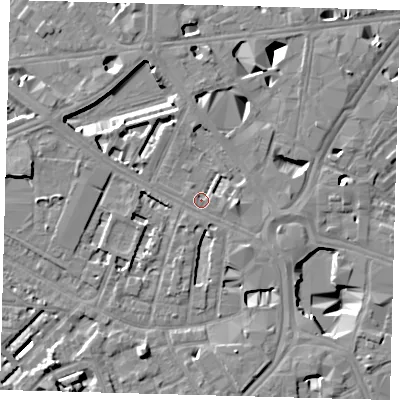 Shaded relief map of the ground around SE16ET, computed from Environment Agency LiDAR. The ground here sits at about 3 m above sea level and falls 10 m across the surrounding 800 m. Surface water reaching this point runs off ground lying to the east, 5.7 m higher.