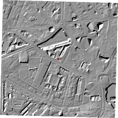 Shaded relief map of the ground around SE16EU, computed from Environment Agency LiDAR. The ground here sits at about 3 m above sea level and falls 10 m across the surrounding 800 m. Surface water reaching this point runs off ground lying to the north-west, 3.2 m higher.