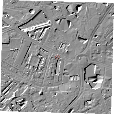 Shaded relief map of the ground around SE16EW, computed from Environment Agency LiDAR. The ground here sits at about 4 m above sea level and falls 10 m across the surrounding 800 m. Surface water reaching this point runs off ground lying to the north-west, 1.4 m higher.