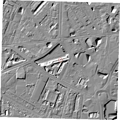 Shaded relief map of the ground around SE16EY, computed from Environment Agency LiDAR. The ground here sits at about 2 m above sea level and falls 10 m across the surrounding 800 m. Surface water reaching this point runs off ground lying to the north, 5.3 m higher.