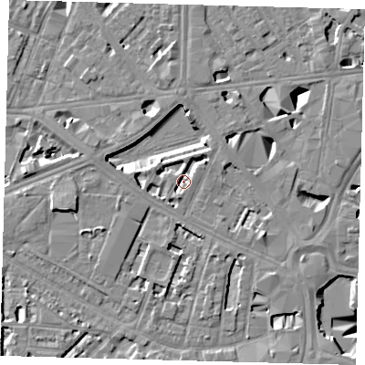 Shaded relief map of the ground around SE16EZ, computed from Environment Agency LiDAR. The ground here sits at about 3 m above sea level and falls 10 m across the surrounding 800 m. Surface water reaching this point runs off ground lying to the north, 5.3 m higher.