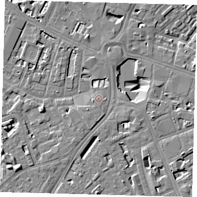 Shaded relief map of the ground around SE16FB, computed from Environment Agency LiDAR. The ground here sits at about 3 m above sea level and falls 11 m across the surrounding 800 m. Surface water reaching this point runs off ground lying to the south-south-west, 1.5 m higher.