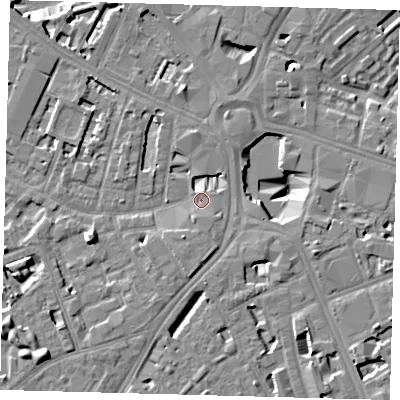 Shaded relief map of the ground around SE16FG, computed from Environment Agency LiDAR. The ground here sits at about 3 m above sea level and falls 11 m across the surrounding 800 m. Surface water reaching this point runs off ground lying to the south-south-west, 3.2 m higher.