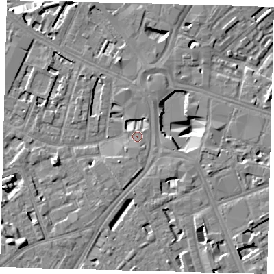Shaded relief map of the ground around SE16FS, computed from Environment Agency LiDAR. The ground here sits at about 3 m above sea level and falls 11 m across the surrounding 800 m. Surface water reaching this point runs off ground lying to the south-south-west, 0.9 m higher.