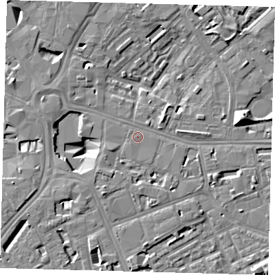 Shaded relief map of the ground around SE16FW, computed from Environment Agency LiDAR. The ground here sits at about 3 m above sea level and falls 13 m across the surrounding 800 m. Surface water reaching this point runs off ground lying to the south-west, 1.5 m higher.