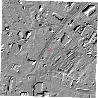 Shaded relief map of the ground around SE16FZ, computed from Environment Agency LiDAR. The ground here sits at about 3 m above sea level and falls 11 m across the surrounding 800 m. Surface water reaching this point runs off ground lying to the north-north-east, 7.4 m higher.