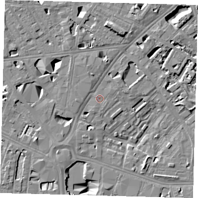 Shaded relief map of the ground around SE16GA, computed from Environment Agency LiDAR. The ground here sits at about 3 m above sea level and falls 12 m across the surrounding 800 m. Surface water reaching this point runs off ground lying to the north-north-east, 7.4 m higher.