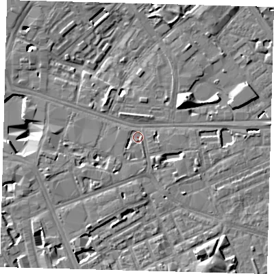 Shaded relief map of the ground around SE16GD, computed from Environment Agency LiDAR. The ground here sits at about 2 m above sea level and falls 13 m across the surrounding 800 m. Surface water reaching this point runs off ground lying to the south-east, 4.8 m higher.
