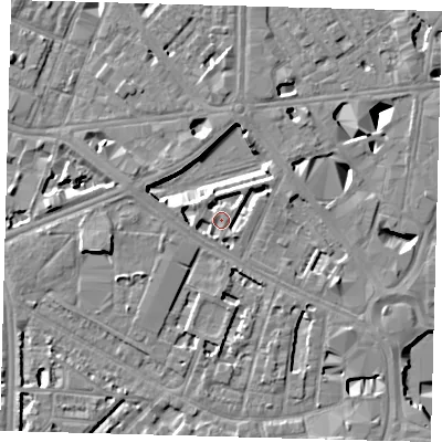 Shaded relief map of the ground around SE16HA, computed from Environment Agency LiDAR. The ground here sits at about 4 m above sea level and falls 10 m across the surrounding 800 m. Surface water reaching this point runs off ground lying to the north-north-east, 5.3 m higher.