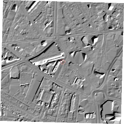 Shaded relief map of the ground around SE16HB, computed from Environment Agency LiDAR. The ground here sits at about 4 m above sea level and falls 10 m across the surrounding 800 m. Surface water reaching this point runs off ground lying to the north-north-west, 5.3 m higher.