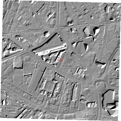 Shaded relief map of the ground around SE16HD, computed from Environment Agency LiDAR. The ground here sits at about 3 m above sea level and falls 10 m across the surrounding 800 m. Surface water reaching this point runs off ground lying to the south-west, 2.4 m higher.