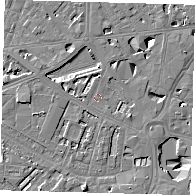 Shaded relief map of the ground around SE16HE, computed from Environment Agency LiDAR. The ground here sits at about 3 m above sea level and falls 10 m across the surrounding 800 m. Surface water reaching this point runs off ground lying to the west-north-west, 2.3 m higher.