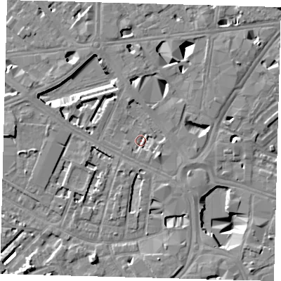 Shaded relief map of the ground around SE16HG, computed from Environment Agency LiDAR. The ground here sits at about 3 m above sea level and falls 11 m across the surrounding 800 m. Surface water reaching this point runs off ground lying to the south-east, 5.7 m higher.
