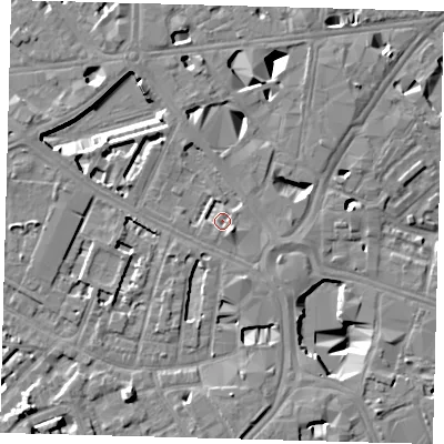 Shaded relief map of the ground around SE16HH, computed from Environment Agency LiDAR. The ground here sits at about 3 m above sea level and falls 10 m across the surrounding 800 m. Surface water reaching this point runs off ground lying to the south-east, 5.7 m higher.