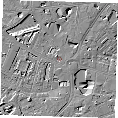 Shaded relief map of the ground around SE16HJ, computed from Environment Agency LiDAR. The ground here sits at about 3 m above sea level and falls 10 m across the surrounding 800 m. Surface water reaching this point runs off ground lying to the north-west, 1.9 m higher.