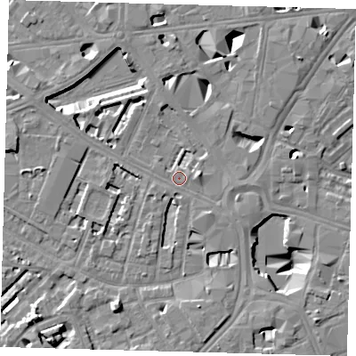Shaded relief map of the ground around SE16HQ, computed from Environment Agency LiDAR. The ground here sits at about 3 m above sea level and falls 10 m across the surrounding 800 m. Surface water reaching this point runs off ground lying to the east, 5.7 m higher.