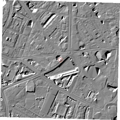 Shaded relief map of the ground around SE16HT, computed from Environment Agency LiDAR. The ground here sits at about 3 m above sea level and falls 10 m across the surrounding 800 m. Surface water reaching this point runs off ground lying to the north-east, 5.2 m higher.