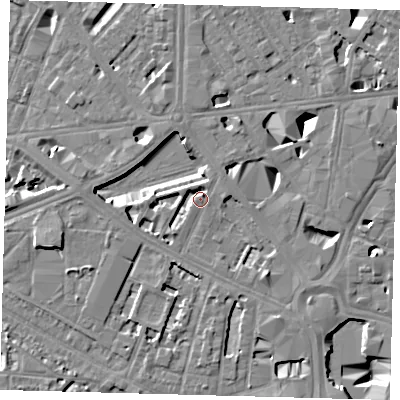 Shaded relief map of the ground around SE16HW, computed from Environment Agency LiDAR. The ground here sits at about 3 m above sea level and falls 10 m across the surrounding 800 m. Surface water reaching this point runs off ground lying to the north-north-west, 5.3 m higher.