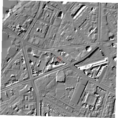 Shaded relief map of the ground around SE16HY, computed from Environment Agency LiDAR. The ground here sits at about 3 m above sea level and falls 7 m across the surrounding 800 m. Surface water reaching this point runs off ground lying to the south-west, 4.8 m higher.