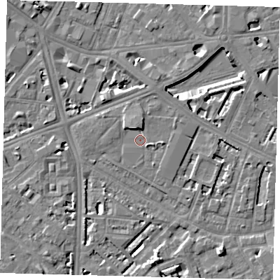 Shaded relief map of the ground around SE16HZ, computed from Environment Agency LiDAR. The ground here sits at about 3 m above sea level and falls 7 m across the surrounding 800 m. Surface water reaching this point runs off ground lying to the north, 1.9 m higher.