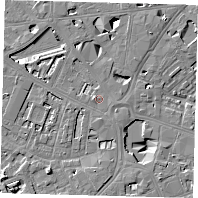 Shaded relief map of the ground around SE16JS, computed from Environment Agency LiDAR. The ground here sits at about 4 m above sea level and falls 10 m across the surrounding 800 m. Surface water reaching this point runs off ground lying to the east-south-east, 0.5 m higher.