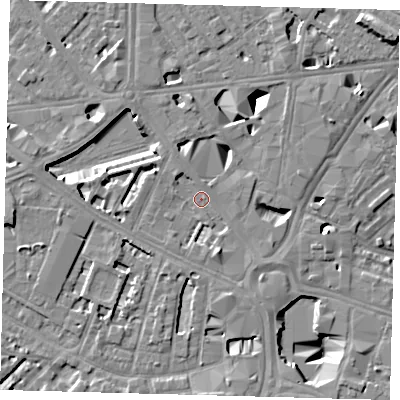 Shaded relief map of the ground around SE16JW, computed from Environment Agency LiDAR. The ground here sits at about 3 m above sea level and falls 12 m across the surrounding 800 m. Surface water reaching this point runs off ground lying to the north-west, 5.3 m higher.