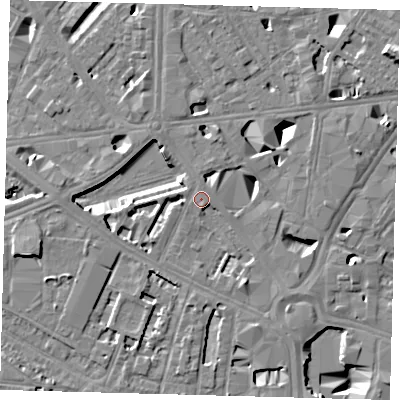 Shaded relief map of the ground around SE16JX, computed from Environment Agency LiDAR. The ground here sits at about 4 m above sea level and falls 12 m across the surrounding 800 m. Surface water reaching this point runs off ground lying to the north-west, 5.3 m higher.