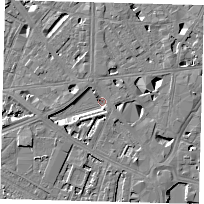 Shaded relief map of the ground around SE16JZ, computed from Environment Agency LiDAR. The ground here sits at about 2 m above sea level and falls 10 m across the surrounding 800 m. Surface water reaching this point runs off ground lying to the north-west, 5.3 m higher.