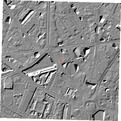 Shaded relief map of the ground around SE16LF, computed from Environment Agency LiDAR. The ground here sits at about 4 m above sea level and falls 11 m across the surrounding 800 m. Surface water reaching this point runs off ground lying to the east-south-east, 0.7 m higher.