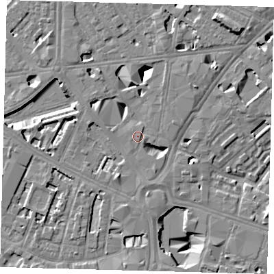 Shaded relief map of the ground around SE16LN, computed from Environment Agency LiDAR. The ground here sits at about 4 m above sea level and falls 12 m across the surrounding 800 m. Surface water reaching this point runs off ground lying to the south-south-east, 0.8 m higher.