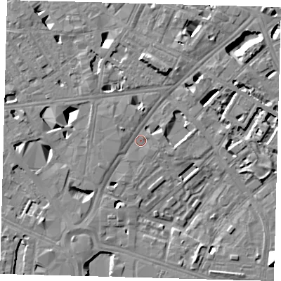 Shaded relief map of the ground around SE16LS, computed from Environment Agency LiDAR. The ground here sits at about 3 m above sea level and falls 12 m across the surrounding 800 m. Surface water reaching this point runs off ground lying to the north-north-east, 7.4 m higher.