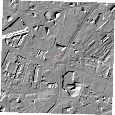 Shaded relief map of the ground around SE16LW, computed from Environment Agency LiDAR. The ground here sits at about 4 m above sea level and falls 10 m across the surrounding 800 m. The ground contributing surface water to this point lies to the north-east.