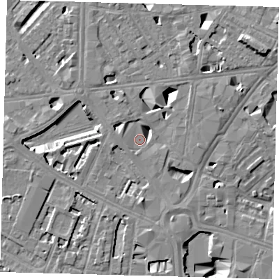Shaded relief map of the ground around SE16NJ, computed from Environment Agency LiDAR. The ground here sits at about 3 m above sea level and falls 12 m across the surrounding 800 m. Surface water reaching this point runs off ground lying to the west-north-west, 4.6 m higher.