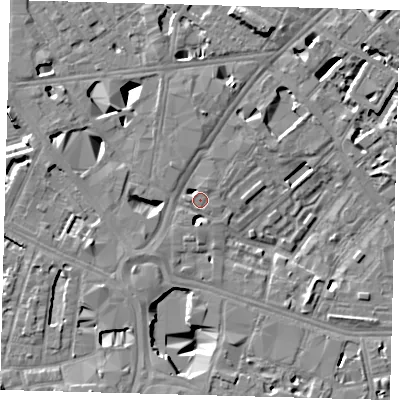 Shaded relief map of the ground around SE16NT, computed from Environment Agency LiDAR. The ground here sits at about 3 m above sea level and falls 12 m across the surrounding 800 m. Surface water reaching this point runs off ground lying to the north-north-east, 0.8 m higher.