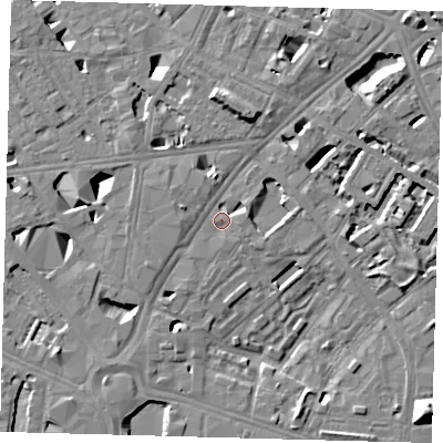 Shaded relief map of the ground around SE16NX, computed from Environment Agency LiDAR. The ground here sits at about 3 m above sea level and falls 13 m across the surrounding 800 m. Surface water reaching this point runs off ground lying to the north-north-east, 7.4 m higher.