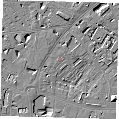Shaded relief map of the ground around SE16NY, computed from Environment Agency LiDAR. The ground here sits at about 3 m above sea level and falls 13 m across the surrounding 800 m. Surface water reaching this point runs off ground lying to the north-east, 1.0 m higher.
