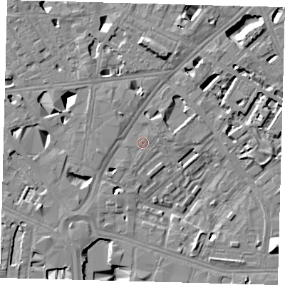 Shaded relief map of the ground around SE16NZ, computed from Environment Agency LiDAR. The ground here sits at about 3 m above sea level and falls 13 m across the surrounding 800 m. The ground contributing surface water to this point lies to the east-north-east.