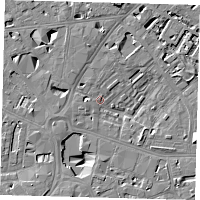Shaded relief map of the ground around SE16PD, computed from Environment Agency LiDAR. The ground here sits at about 3 m above sea level and falls 12 m across the surrounding 800 m. Surface water reaching this point runs off ground lying to the south-south-west, 8.8 m higher.