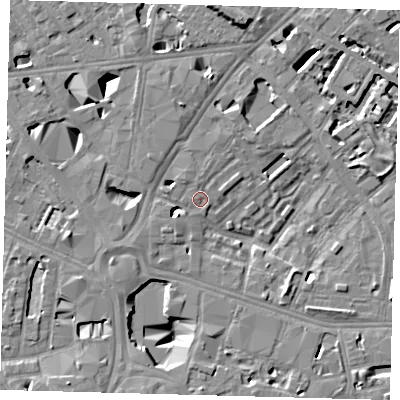 Shaded relief map of the ground around SE16PE, computed from Environment Agency LiDAR. The ground here sits at about 3 m above sea level and falls 12 m across the surrounding 800 m. Surface water reaching this point runs off ground lying to the north-north-east, 11.7 m higher.
