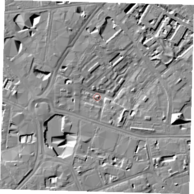 Shaded relief map of the ground around SE16PF, computed from Environment Agency LiDAR. The ground here sits at about 2 m above sea level and falls 13 m across the surrounding 800 m. Surface water reaching this point runs off ground lying to the south-west, 8.9 m higher.